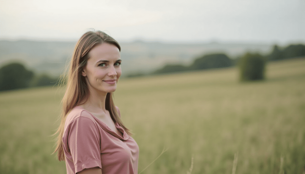 Femme souriante dans un champ avec une robe rose, regardant vers la caméra.