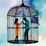 Silhouettes d'un couple dans une cage, représentant l'emprise émotionnelle et les signes de manipulation dans une relation.